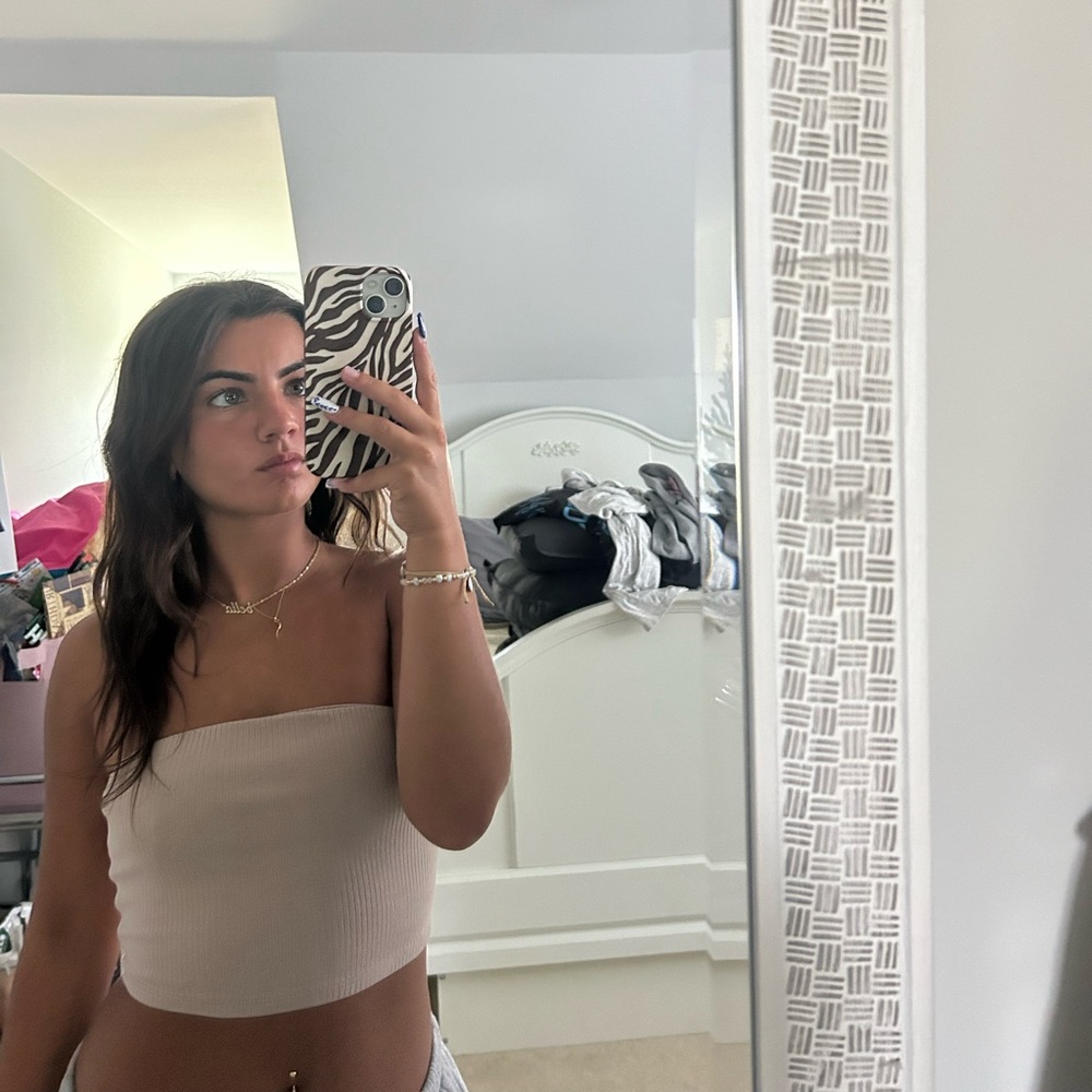 Garage Beige Ribbed Cropped Tube Top